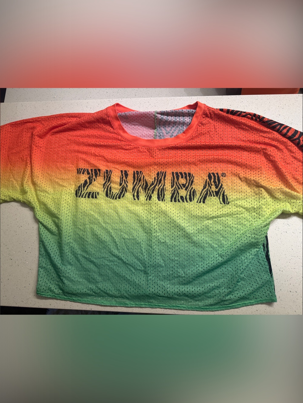 Zumba Fitness Neon Green to Orange Gradient Mesh Top with Zebra Logo